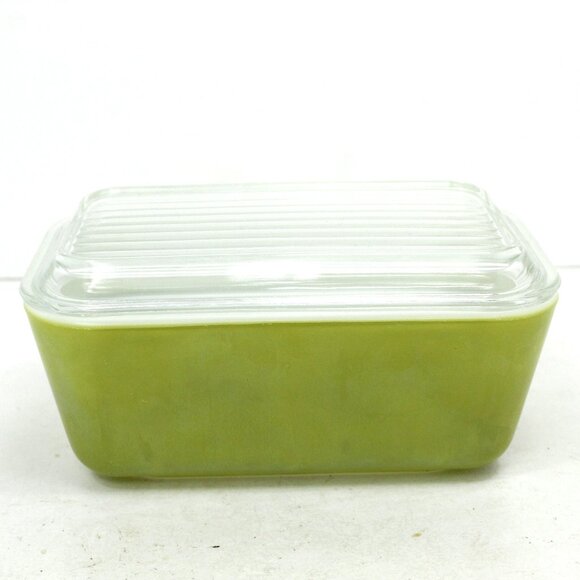 Pyrex Green #0502 Loaf 1.5 Quart Refrigerator Dish w/Ribbed Glass Lid Vintage - Picture 1 of 9